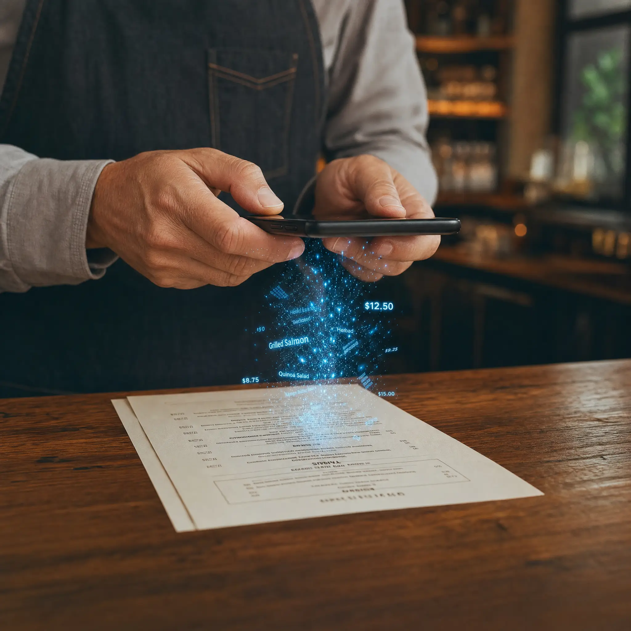 Hostelero digitalizando la carta de su restaurante con una foto del móvil