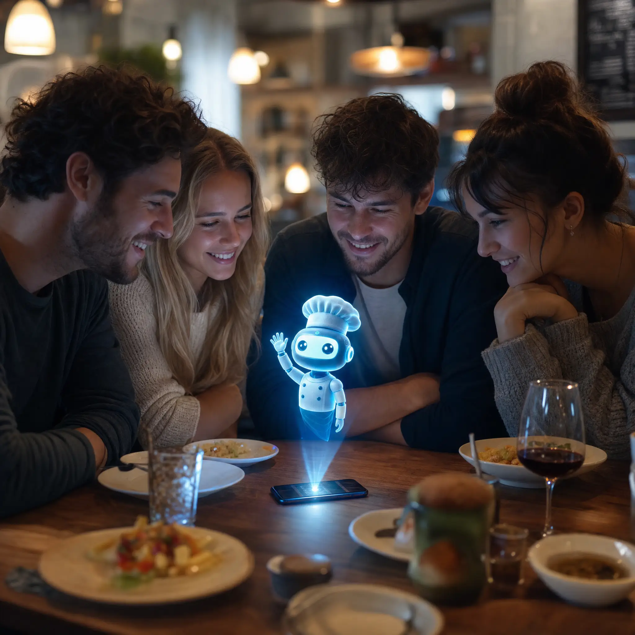 Clientes en una mesa consultando a GastroBot, el asistente con IA, desde el móvil