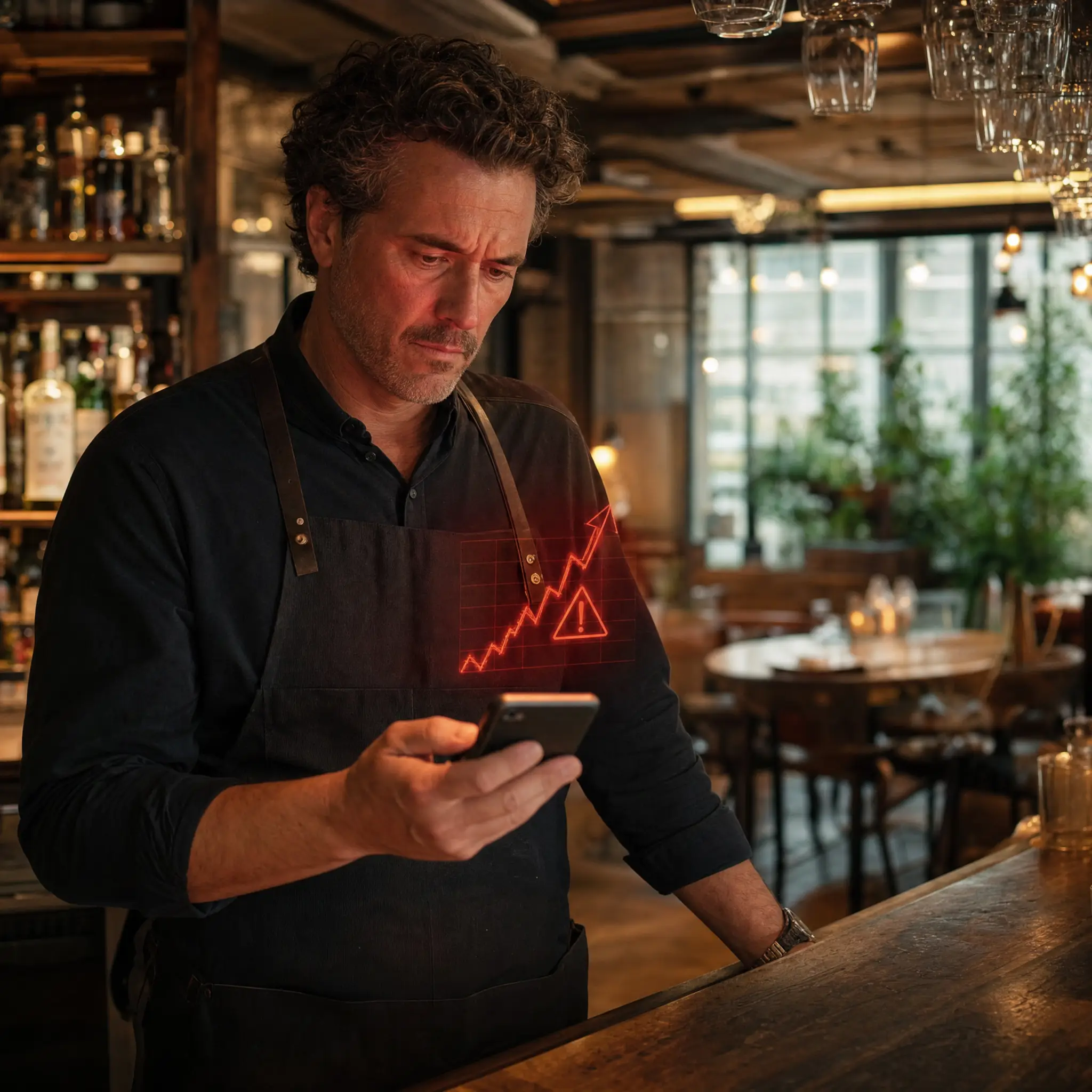 Dueño de restaurante recibiendo una alerta de subida de precios de un proveedor en el móvil
