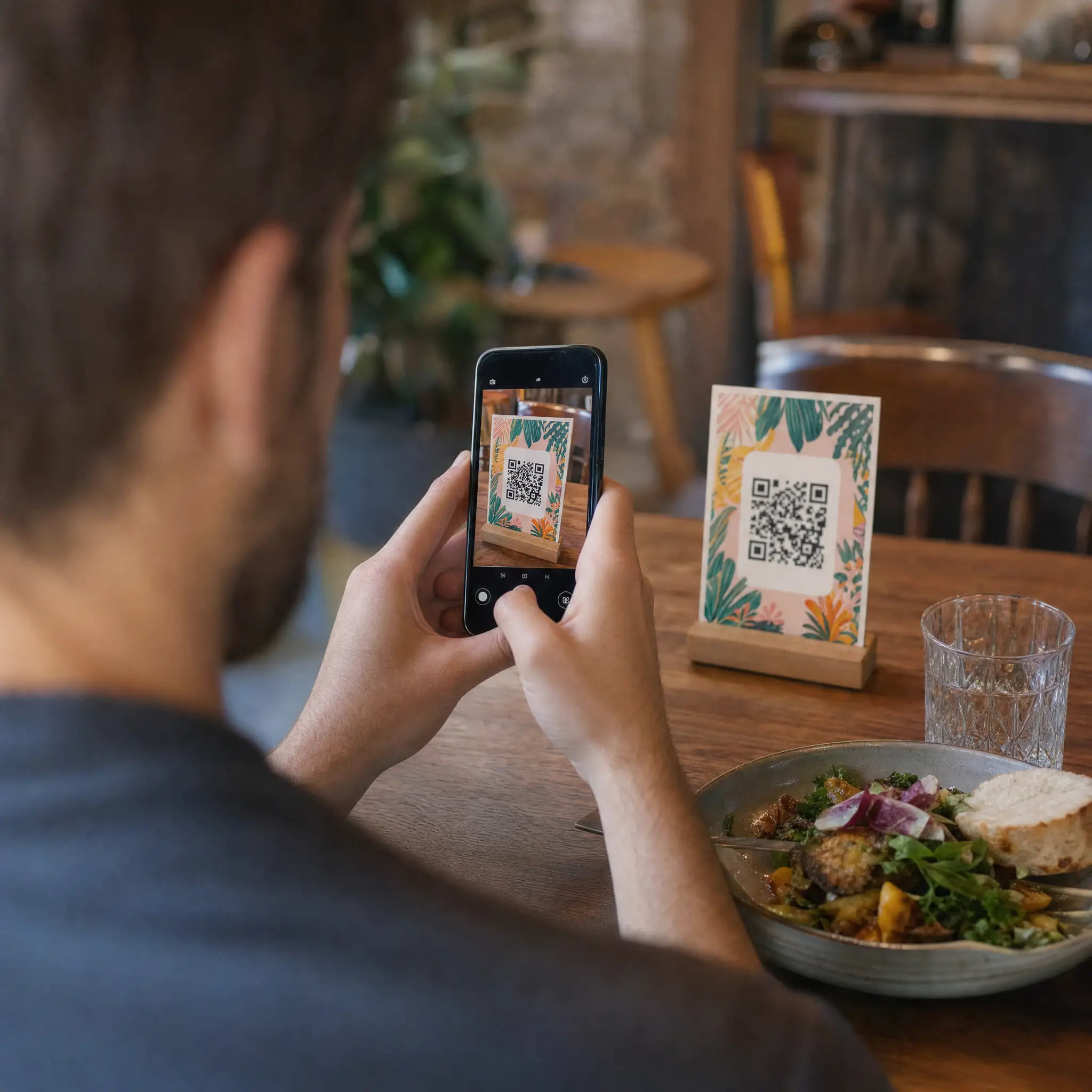 Cliente escaneando el QR de la mesa para pagar con el móvil en el restaurante
