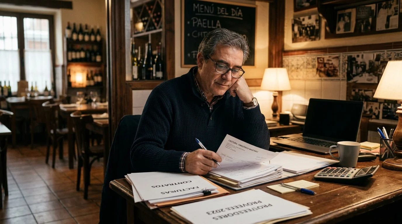 Dueño de restaurante revisando facturas y contratos en oficina
