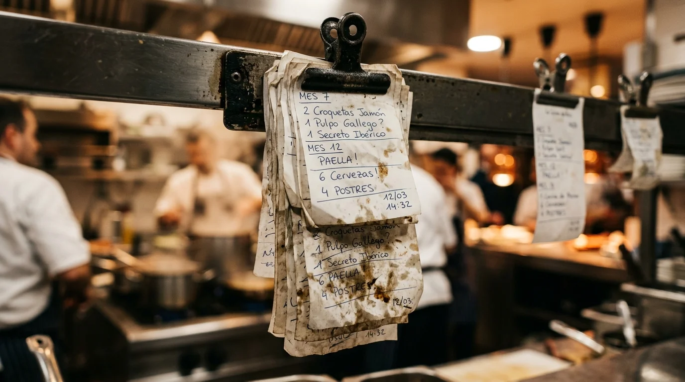 Tickets de papel acumulados en pase de cocina
