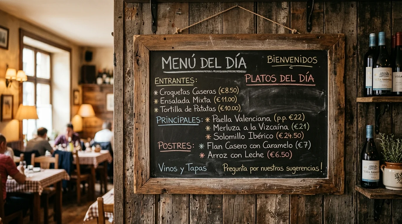 Pizarra con menú escrito a mano en restaurante tradicional