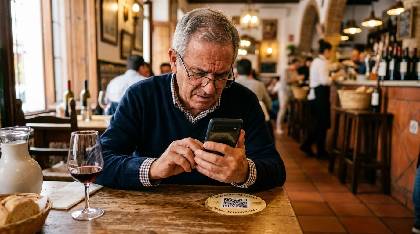 Cliente mayor con dificultad para escanear QR en restaurante