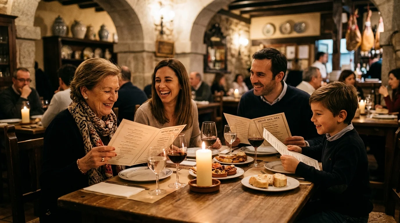 Familia disfrutando comida con cartas en papel en restaurante tradicional
