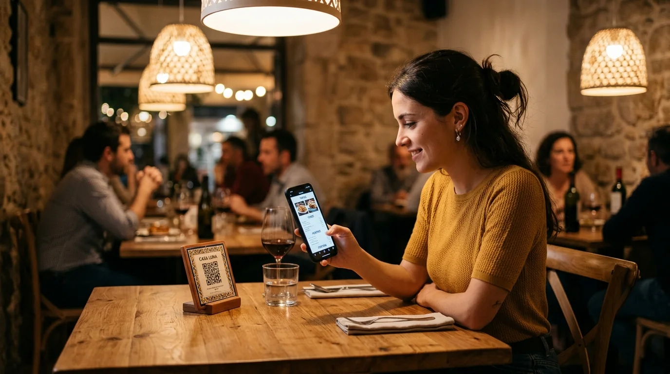 Cliente escaneando carta QR en mesa