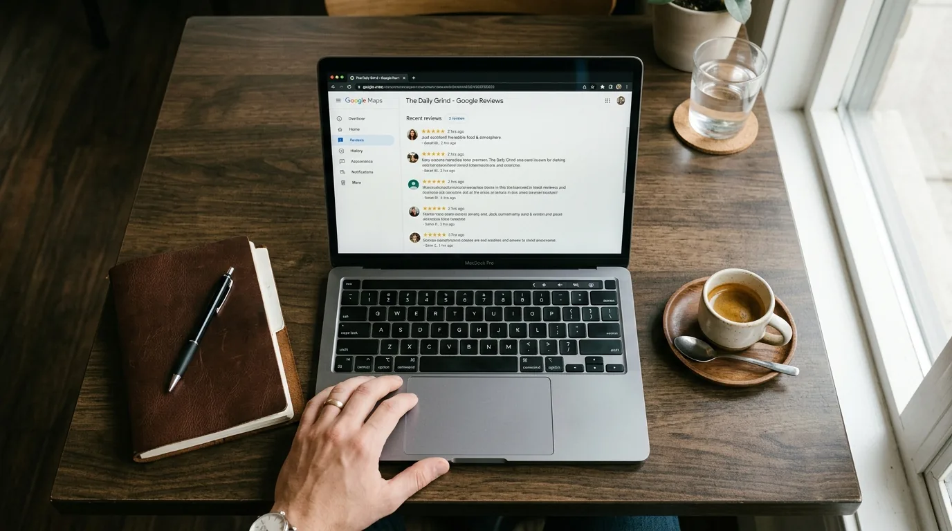 Propietario de restaurante revisando reseñas de 5 estrellas en Google desde un portátil con café y libreta
