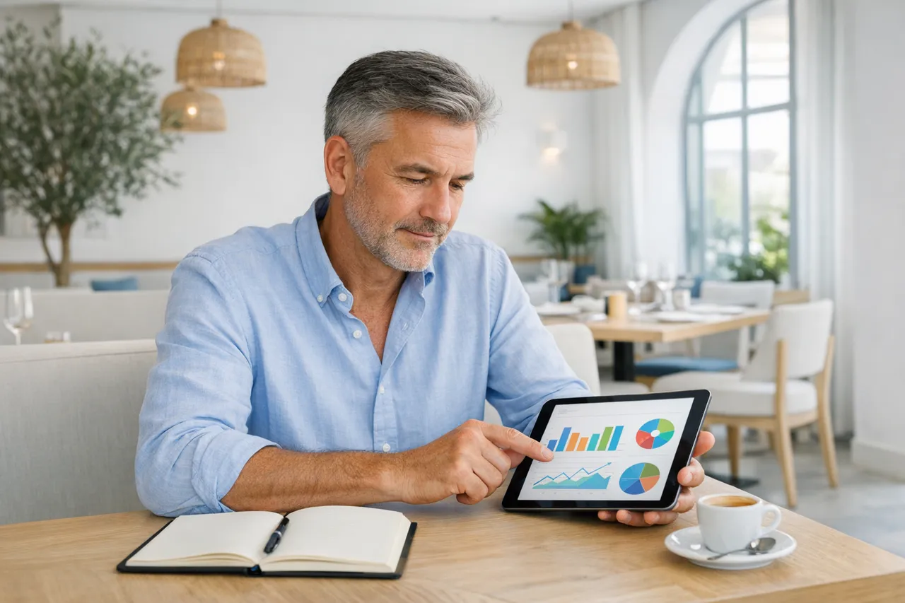 Dueño de restaurante revisando datos de clientes en una tablet antes de abrir