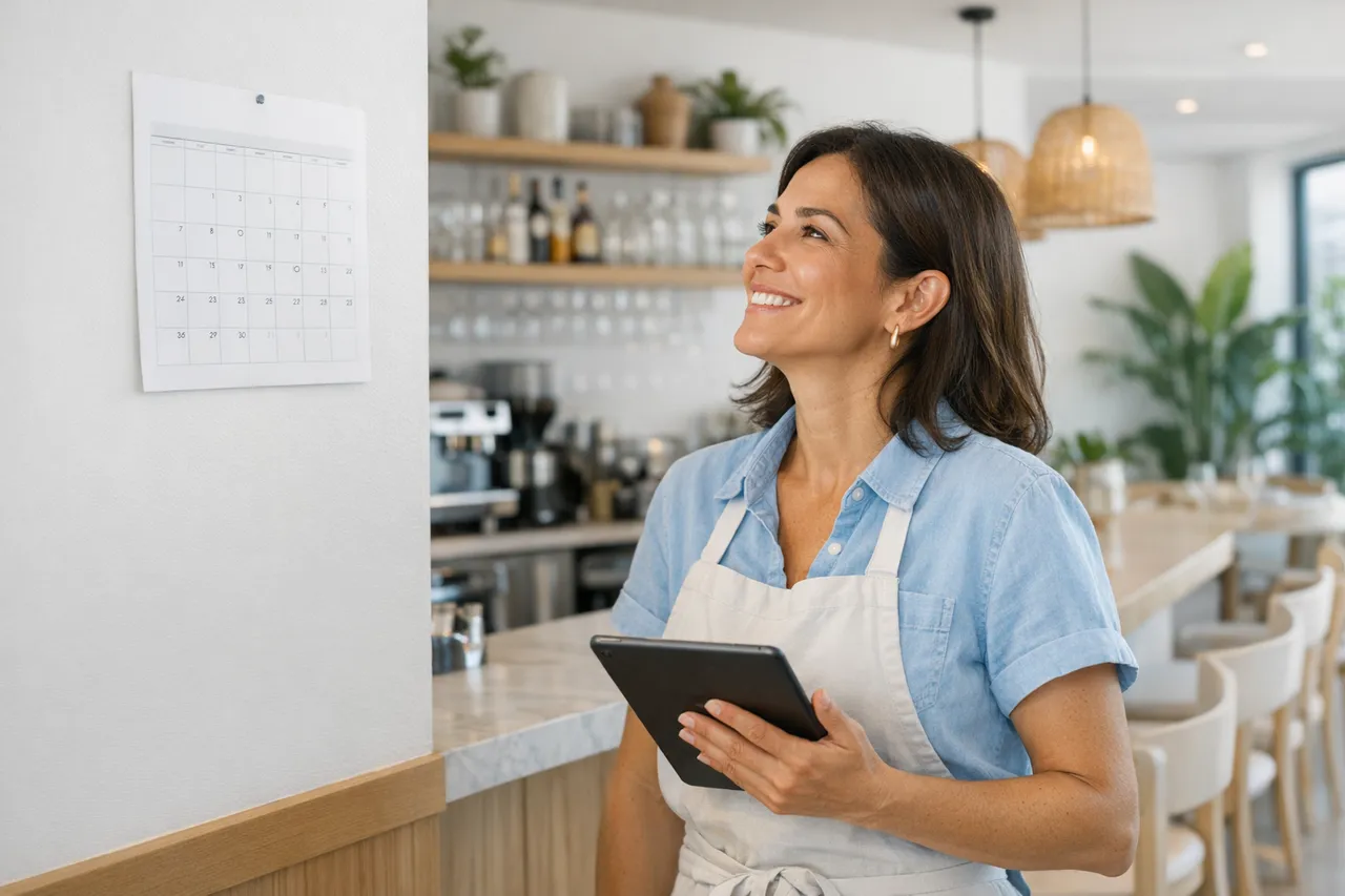 Dueña de un restaurante mirando el calendario con tranquilidad