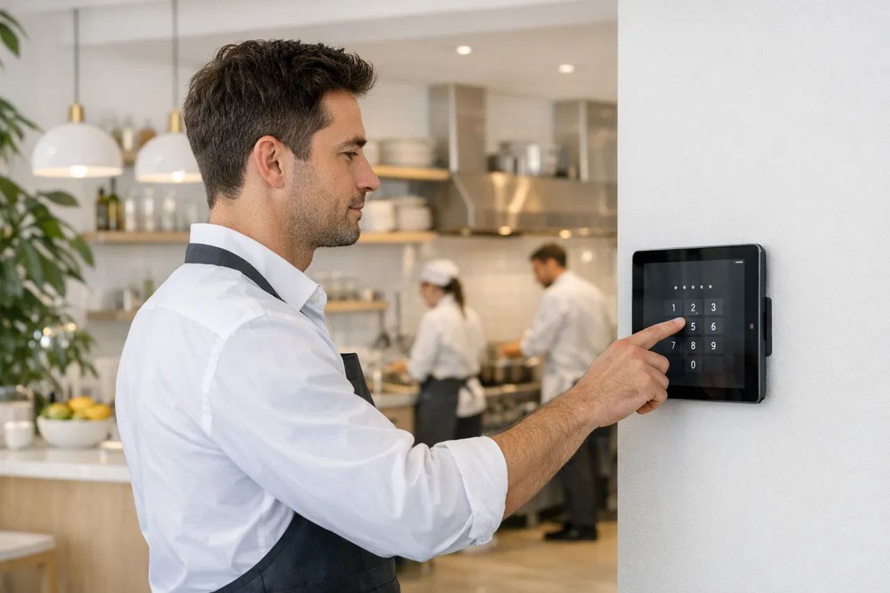Camarero fichando con su PIN en una tablet a la entrada de la cocina