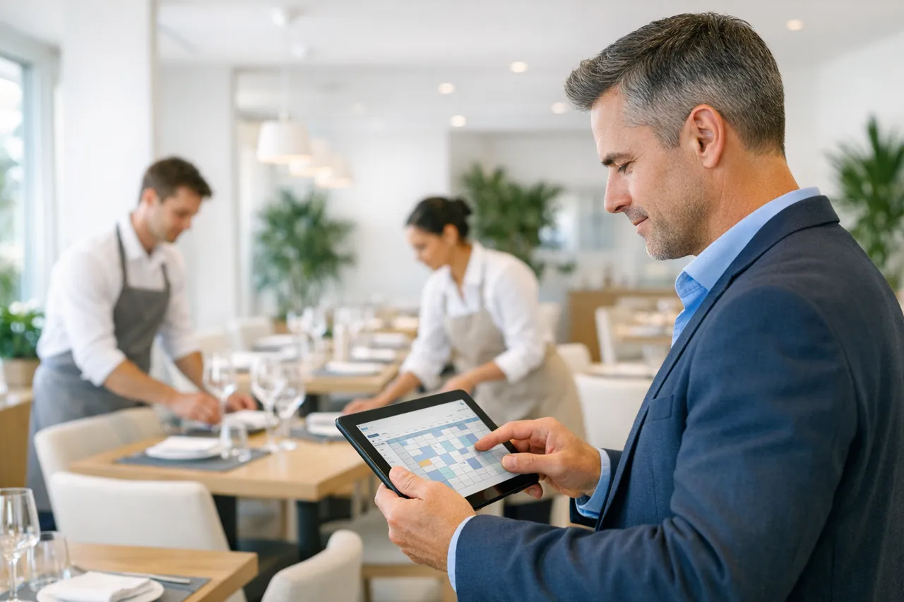 Encargado revisando el horario semanal del equipo en una tablet