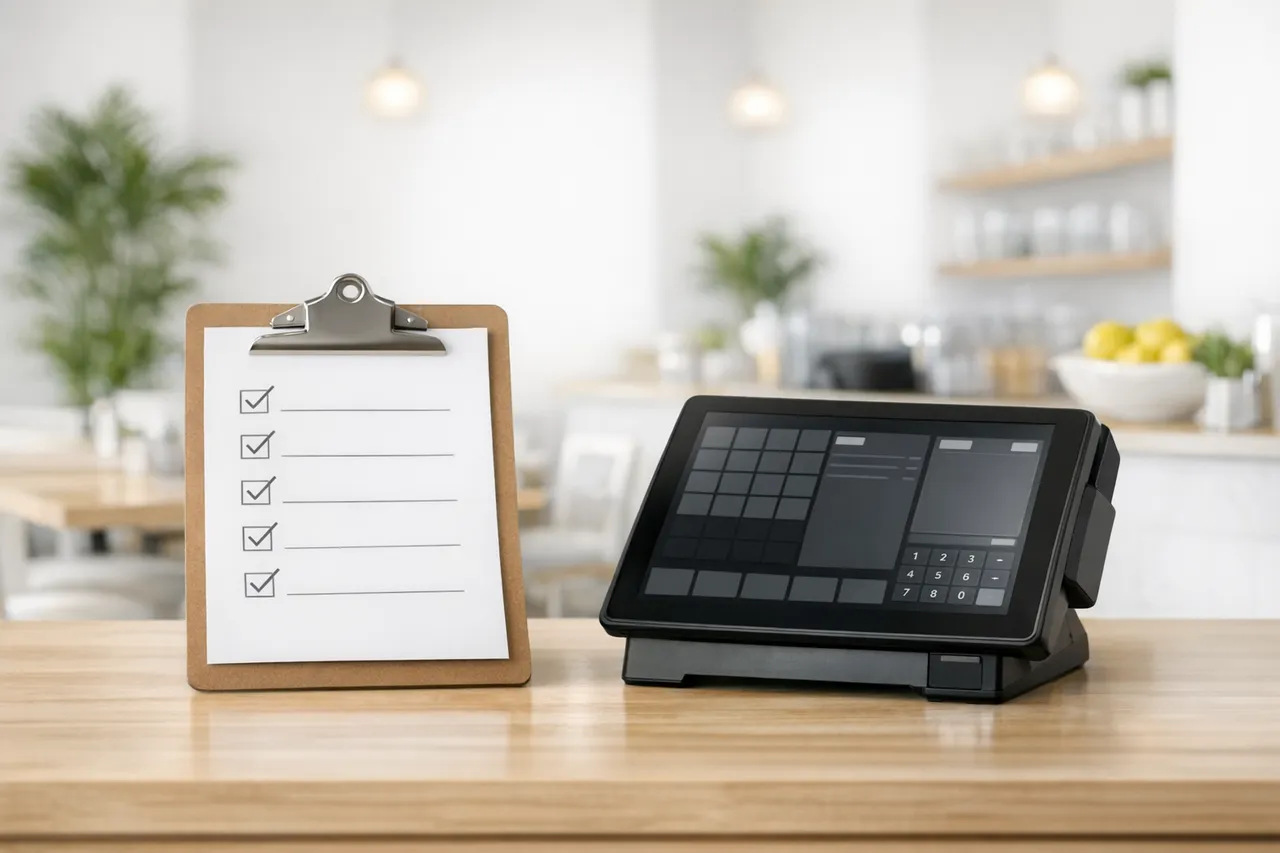 Lista de comprobación junto a una tablet de caja de restaurante