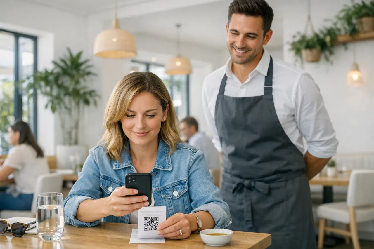 Clienta escaneando con el móvil el código QR de su ticket en un restaurante