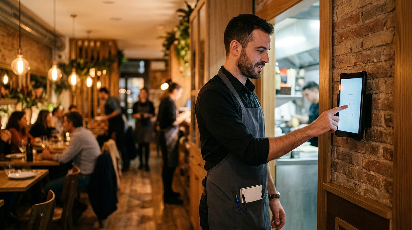 Camarero fichando con su PIN en una tablet a la entrada de la cocina de un restaurante